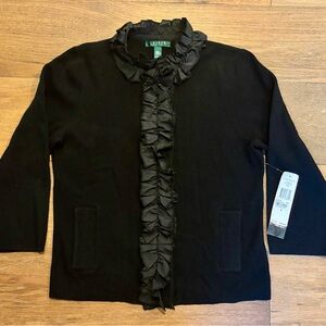 NWT Ralph Lauren Woman’s Ruffle Button Up Cardigan Sweater, Large, Black